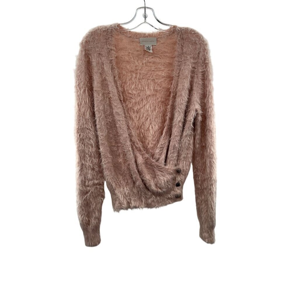 Corey Lynn Calter Faux Fur Surplice Sweater Pink Size Small Long Sleeve V-Neck